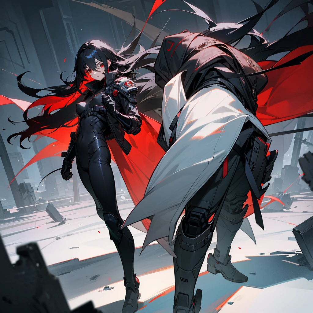 1male, young adult, finely detailed red eyes, wild long hair, black hair, eye patch, full body combat suits, standing on ruined building, night time, serious expression