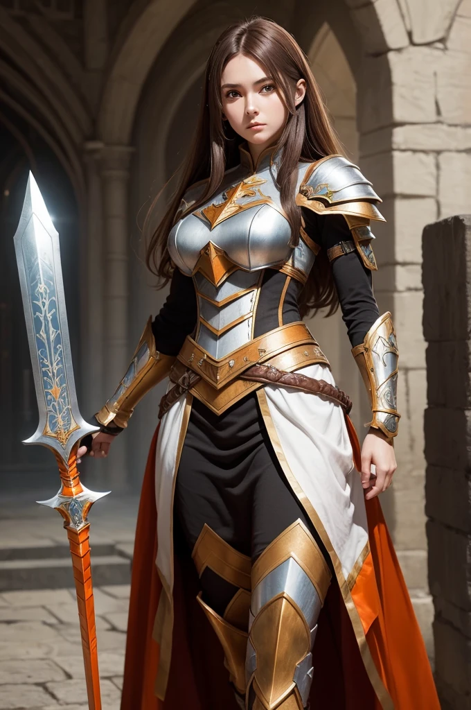 Make me an armored warrior princess with an aura greatsword, She has long, brown hair with a white streak, her predominant color is orange. Medieval RPG