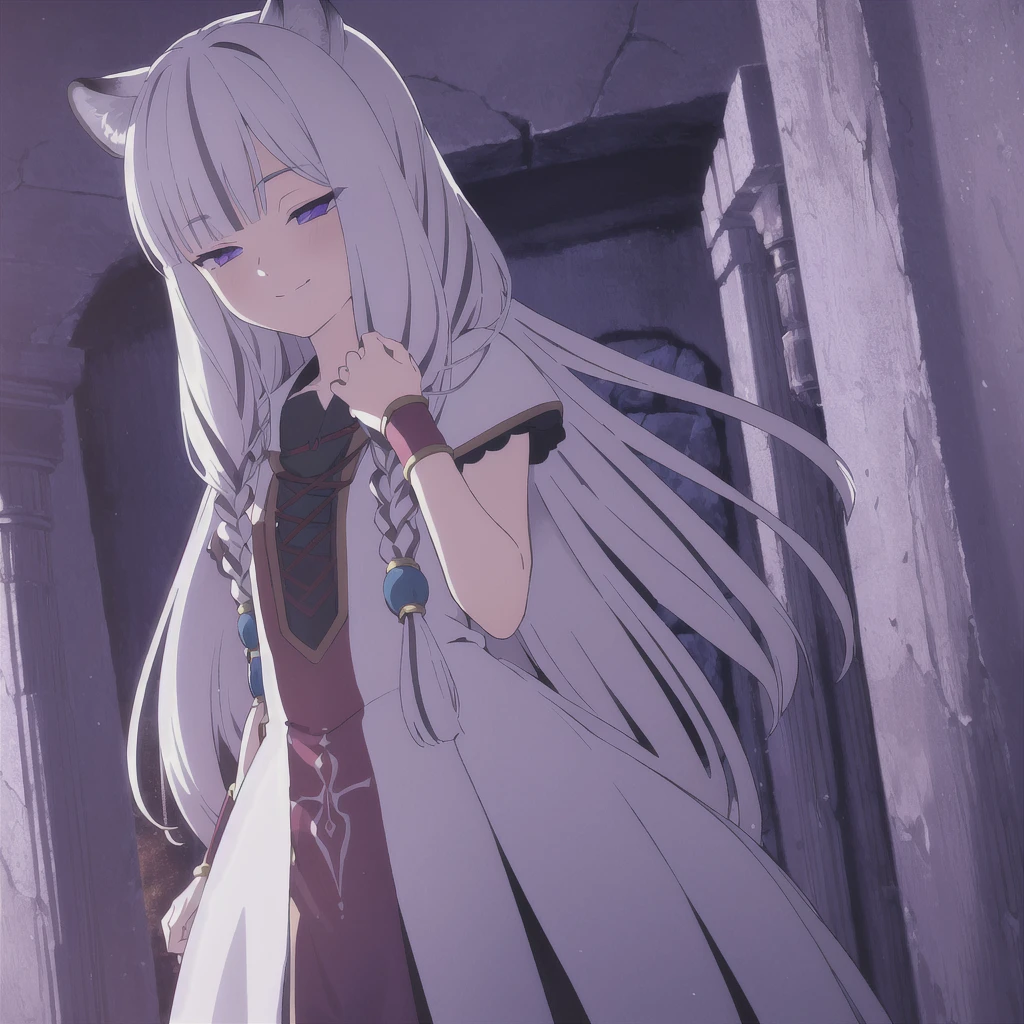 ((masterpiece)), (best quality), (ultra-detailed), photorealistic, (best illustration), ((an extremely delicate and beautiful)), 1girl, solo, long hair, tiger ears, [:tiger tail under:0.2], white hair, two-tone hair, full body, knight armor, crimson glowing details on armor, amulet on neck, Bracelets, crimson crystals in Bracelets, long lilac cape, open eyes, evil purple eyes, looking at viewer, malicious smile, blush, in space, goddess, low twin braids, loosen hair, quiet gesture, white armor, cybernetic armor, hyper detailed space,best illumination. 