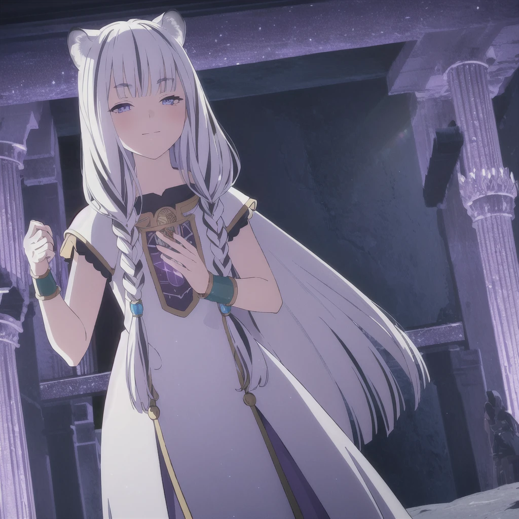 ((masterpiece)), (best quality), (ultra-detailed), photorealistic, (best illustration), ((an extremely delicate and beautiful)), 1girl, solo, long hair, tiger ears, [:tiger tail under:0.2], white hair, two-tone hair, full body, knight armor, crimson glowing details on armor, amulet on neck, Bracelets, crimson crystals in Bracelets, long lilac cape, open eyes, evil purple eyes, looking at viewer, malicious smile, blush, in space, goddess, low twin braids, loosen hair, quiet gesture, white armor, cybernetic armor, hyper detailed space,best illumination. 