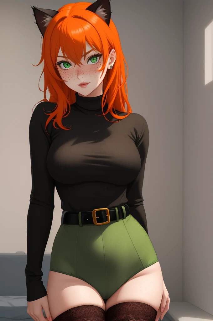 milf, masterpiece, Best quality, ultra detailed, beautiful lighting, 1 girl, orange hair, cat ear, green eyes, freckles, turtleneck top, Looking at the viewer, detailed black stockings with belt, Juicy ass