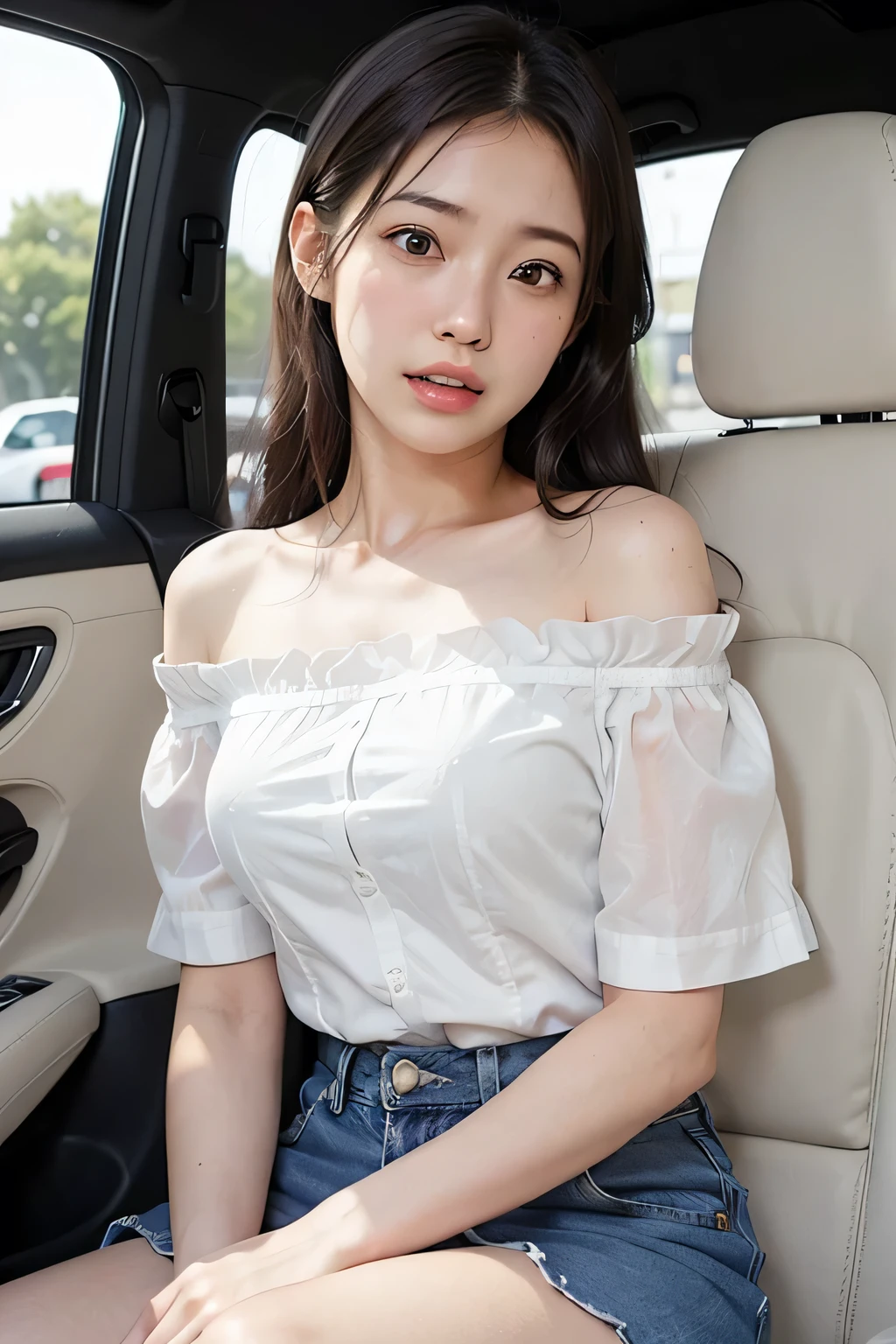 Very detailed CG Unity 8k wallpaper、highest quality、Very detailed、masterpiece、reality、reality、Very detailedなかわいい女の子、18-year-old、(high school girl:1.7)、((Short sleeve shirt:1.5))、((White short sleeve chiffon off-shoulder open front shirt:1.4))、(((White chiffon short sleeve shirt:1.7)))、((Shooting from the front:1.4))、((Dark Blue Denim Mini Skirt:1.4))、((Sitting in the passenger seat of a sports car:1.4))、((Confused expression:1.4))、blush、Cleft lip、Looking at the audience、((Cowboy Shot:1.4))、((straight medium long hair:1.7))、((Black Hair:1.4))、(Beautiful Face:1.3)、(Perfect balance:1.2)、(Long legs:1.2)、(Small breasts:1.3)、((Upper Body))、Angle from below、reality、
