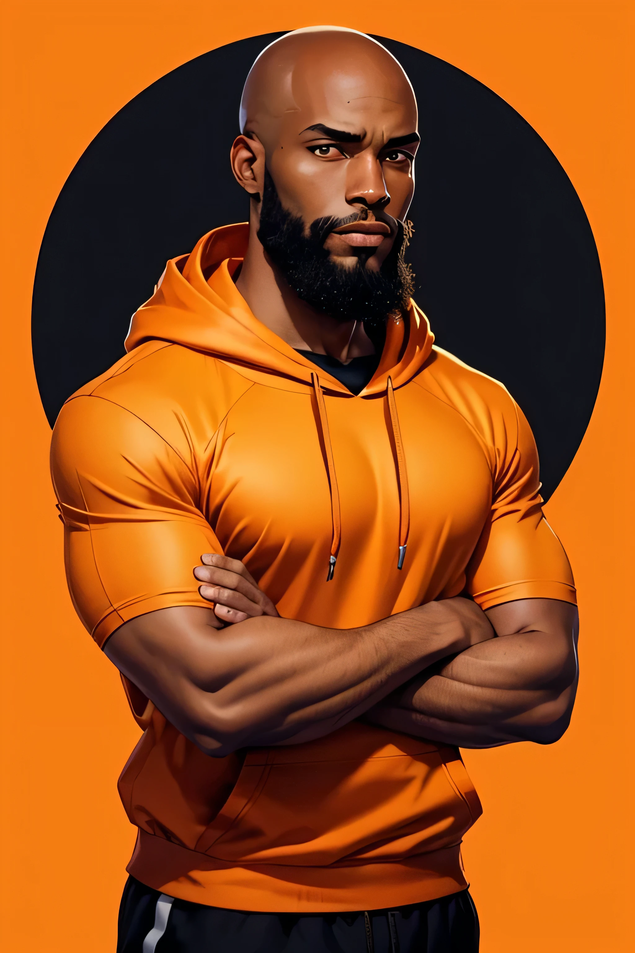 Illustration, drawing of a bald black man, 30 years old, beard, dressed with a orange gym clothe, hoodie. arrogant look. Solid orange background. Work of art. Image with side margins. #3D, #illustration, #cinematic