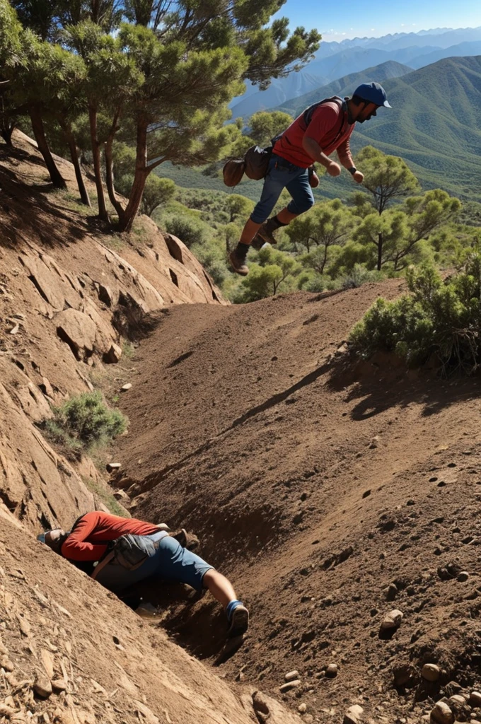 Un hombre colgado de un cerro con una soya tratando de subir