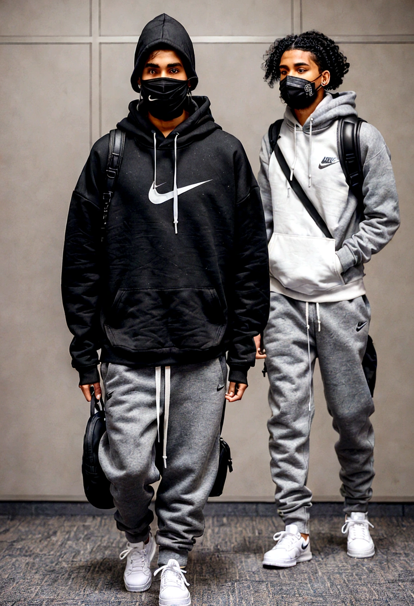 A tall male with black curly hair sticking out from his hoodie hood while walking into a lecture room in a grey hoodie, a black mask, pirced ears with cross earrings, white high top nike sneakers and cargo pants with straps and a white backpack and a strap over his shoulder
