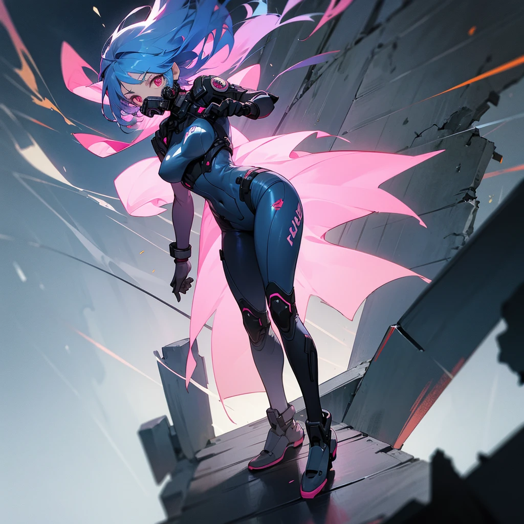 1female, young adult, finely detailed pink eyes, wild medium hair, blue hair, full body combat suits, standing on ruined building, night time, serious expression, gas mask