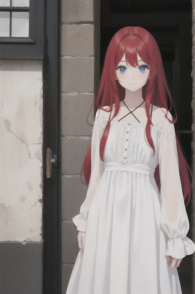 long red hair, girl, white dress with black, blue eyes