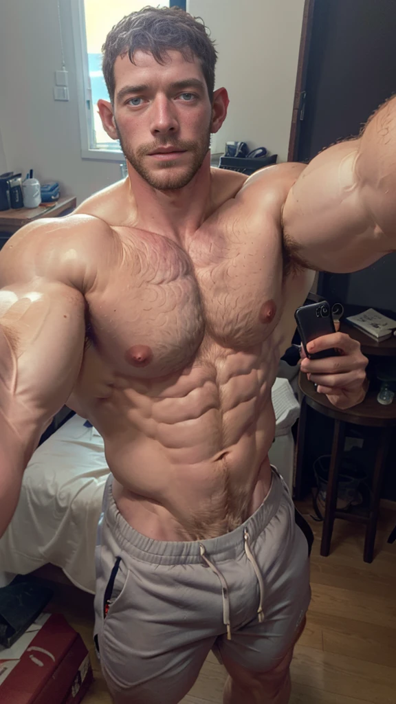 Masterpiece, denoise, void noise, one man, best quality, 8k resolution, male focus, focus only, amazing composition, volumetric lighting, super quality, elegant, Very detailed, bedroom, front view, facing viewer , -----------, 35 years old, mature face, muscular, thin body, Caucasian, (((white skin, pale skin))), handsome, (detailed light-blue eyes), light blonde hair, big ears, (((hairy pectorals, thick plenty chest and body hair))), ((Medium long beard)), (((((Jim Sturgess and Russell Tovey mixed face))))), (((big nipples, perky nipples))), ------------, (((wearing shorts))), (((shirtless)), (((holding edge like a selfie)))