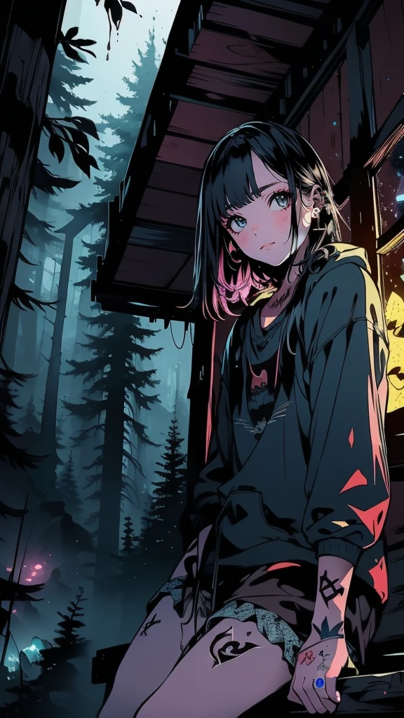 A lone girl teenager hiker, ((lost in the foggy wilderness of forested mountains)), ((stumbles upon an abandoned cabin with glowing lights emanating from boarded windows)). Eerie, suspenseful, dramatic lighting, ((tattos):1.5), fantasy world, dark background, clean design, epic, artstation, colorful paint splatter, silhouette, hyper detailed intricate details, unreal engine, fantasy, splash screen, complementary colors, deviantart masterpiece, oil painting, heavy strokes, paint dripping, indifferent expression