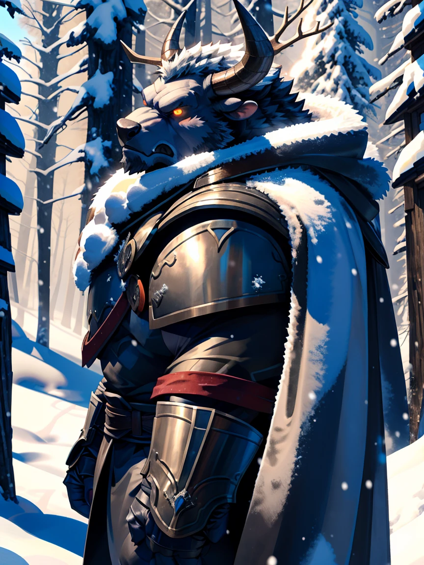 Minotaur, solo, muscular, perfect_eyes, perfect_face, abs, big_chest,wide_body, muscular_arms, winter, snowforest_background, solo, minotaur, angry, half_body, close_up, manly, man, muscular, brown_horns, big_eyes, orange_eyes, glowing_eyes, bara_body,hyper_muscles, hyper_chest, hyper_muscular_body, huge,forest, snow,snowy_forest, armor_pants, half_body,closeup, medieval_armor ,iron armor,armor,canines, moth_closed, angry,serious, HD, 4k, high_detailed_background