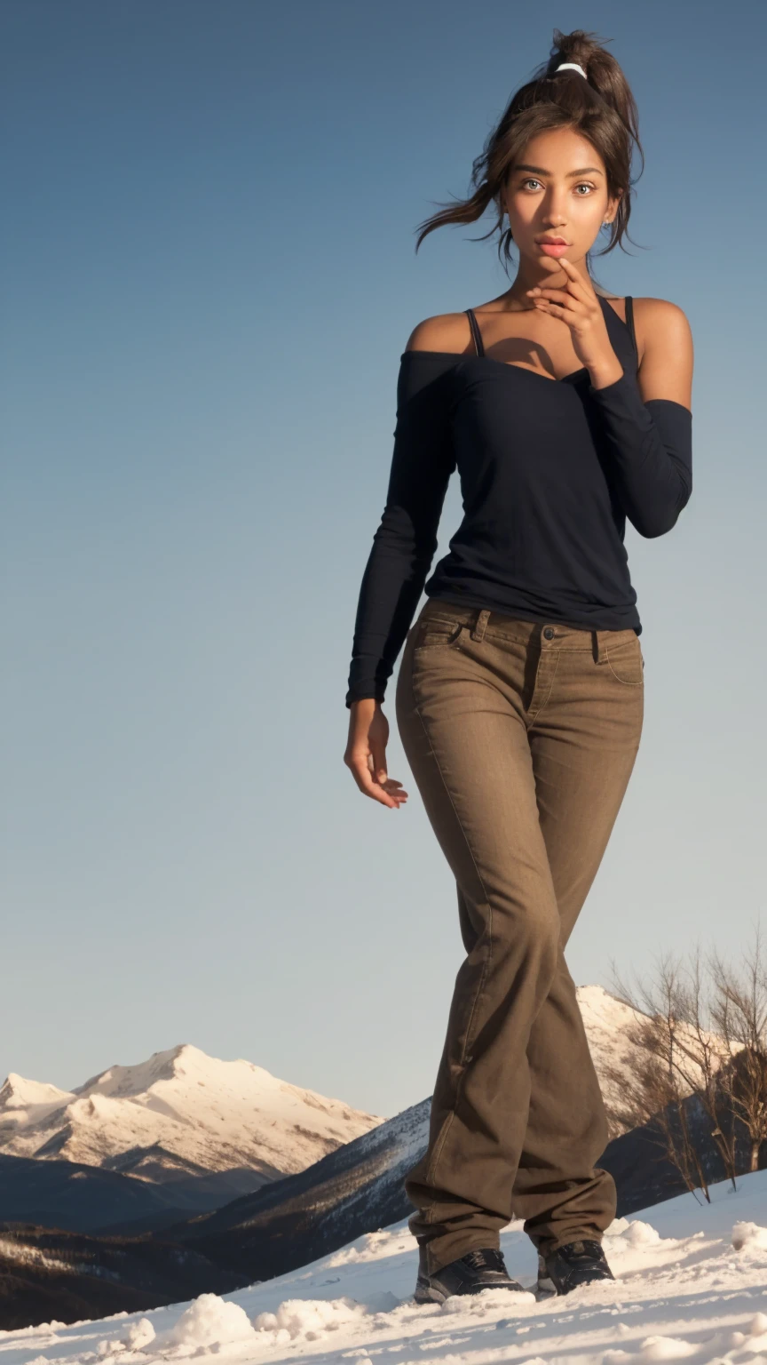 (once:1.2), muscular woman, (ponytail, hair tubes:1.2), without sleeves, bare shoulders, Brown hair, Blue eyes, navy blue pants, winter background, snow, Winter Village, (Tan skin, dark skin, dark-skinned woman:1.5), (realistic:1.2),  (masterpiece:1.2), (full body shot:1.2),(cowboy shot:1.2), neon lighting, dark romantic lighting, (very detailed:1.2),(detailed face:1.2), (gradients), Colorful, Detailed eyes, (detailed landscape:1.2), (daylight:1.2),(detailed background), detailed landscape, (cute pose:1.2), One, close-up, 