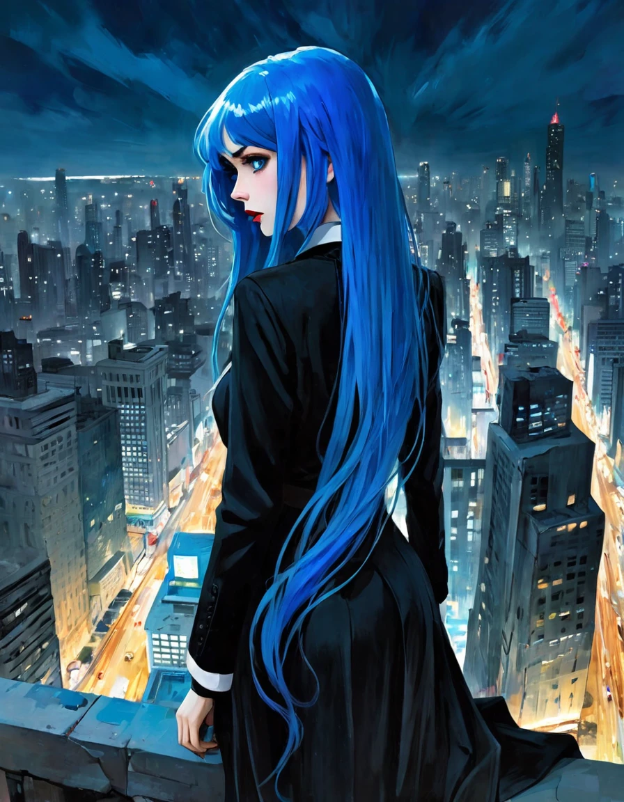 Masterpeace (midnight:1.3) Lost World Her view from behind Looking down at the deserted city from a ruined skyscraper, she realizes the crime she committed. Girl(long blue hair, age18, blue eyes, panic ) (Grim Reaper Costume, ) Beautiful and fantastic image blue hair, blue hair, long hair (art inspired by Bill Sienkiewicz) oil painting, details of brush strokes that enhance depth)