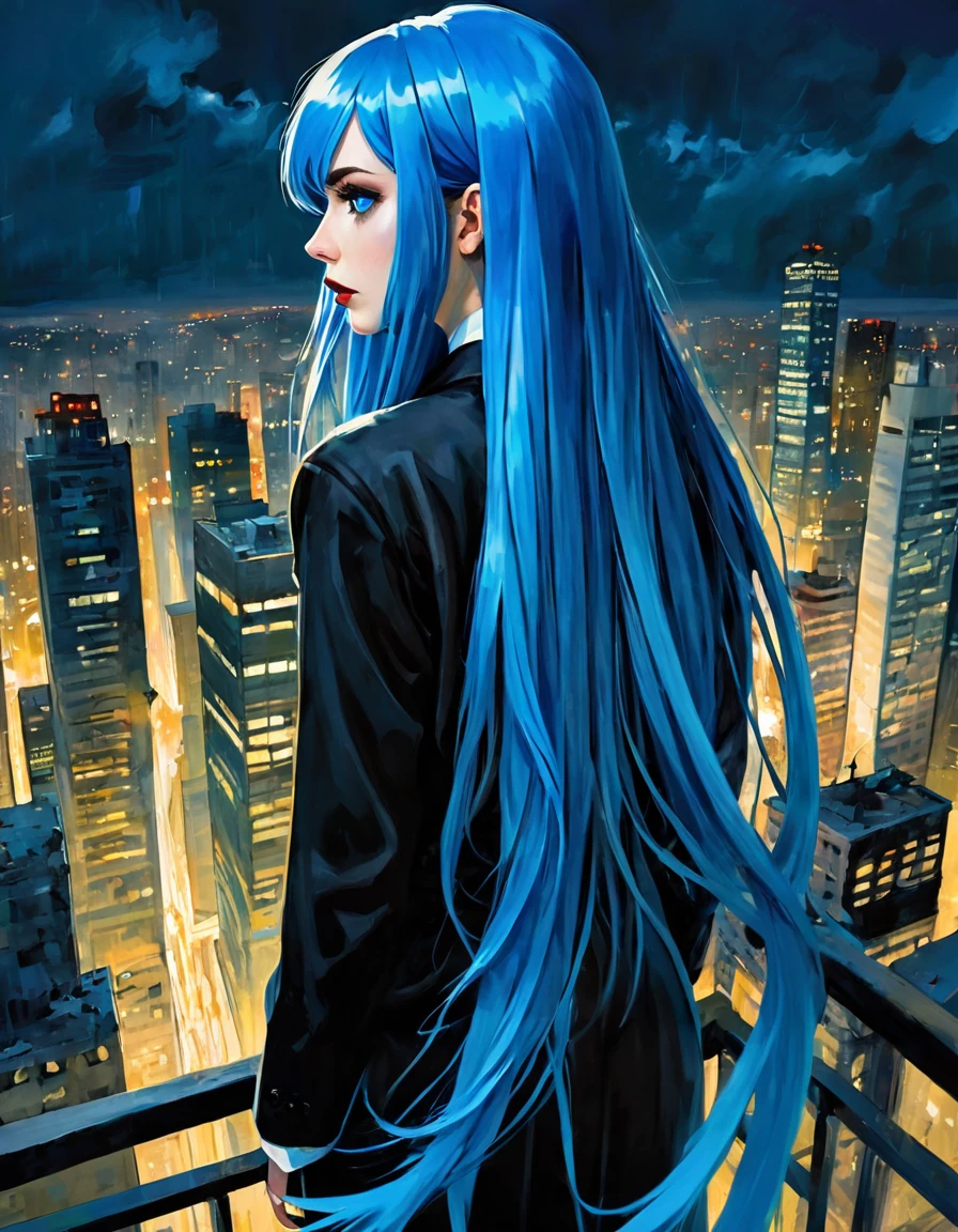 Masterpeace (midnight:1.3) Lost World Her view from behind Looking down at the deserted city from a ruined skyscraper, she realizes the crime she committed. Girl(long blue hair, age18, blue eyes, panic ) (Grim Reaper Costume, ) Beautiful and fantastic image blue hair, blue hair, long hair (art inspired by Bill Sienkiewicz) oil painting, details of brush strokes that enhance depth)
