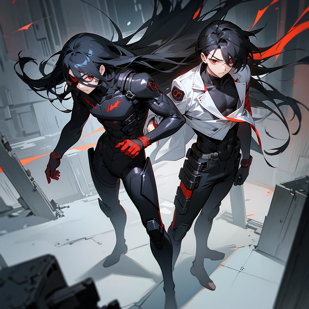 1male, adult, finely detailed red eyes, wild long hair, black hair, eye patch, full body combat suits, standing on ruined building, night time, serious expression
