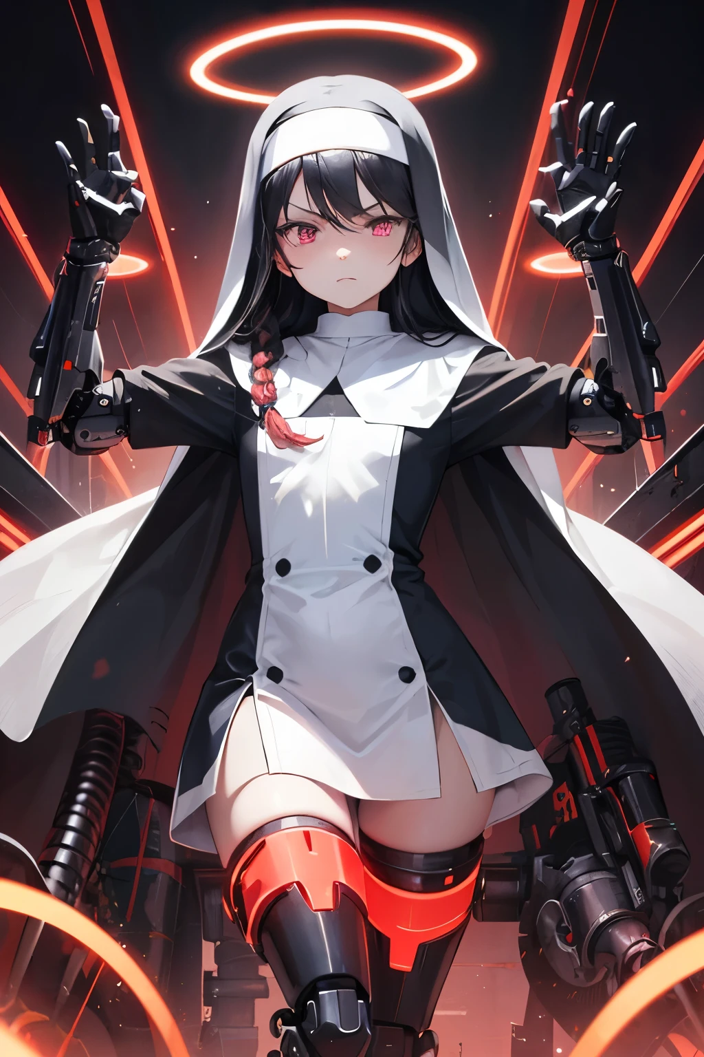   girl ,girl 12 year old  , angry face , futuristic nun dress ,flat  chest ,long black hair braided  ,(loli body), mechanic-headband, red leds ,red light halo,   quality, 8k ,nun uniform , Cyborg arms. Mechanical Limbs Metal,  Mechanical legs . Force arms 