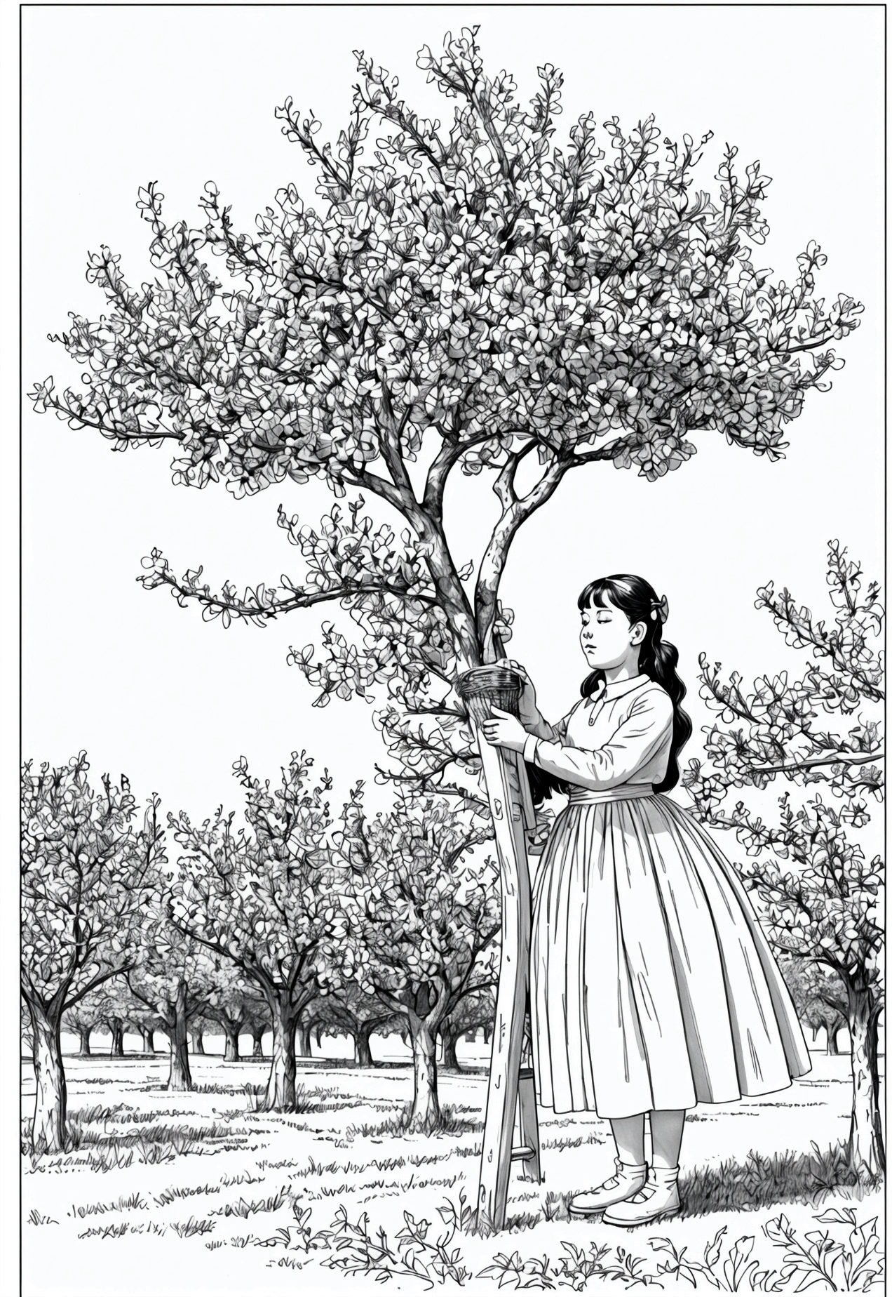 Book page coloring art, All-white background, Use only outlines, line art, coloring book, Clean line art, For coloring Simple and clean line art, coloring book page, perfect symmetric details, Orchard in Bloom: Rows of fruit trees in full bloom with blossoms, baskets of fresh fruit like apples and peaches, a ladder leaning against one of the trees, and a beekeeper tending to beehives.