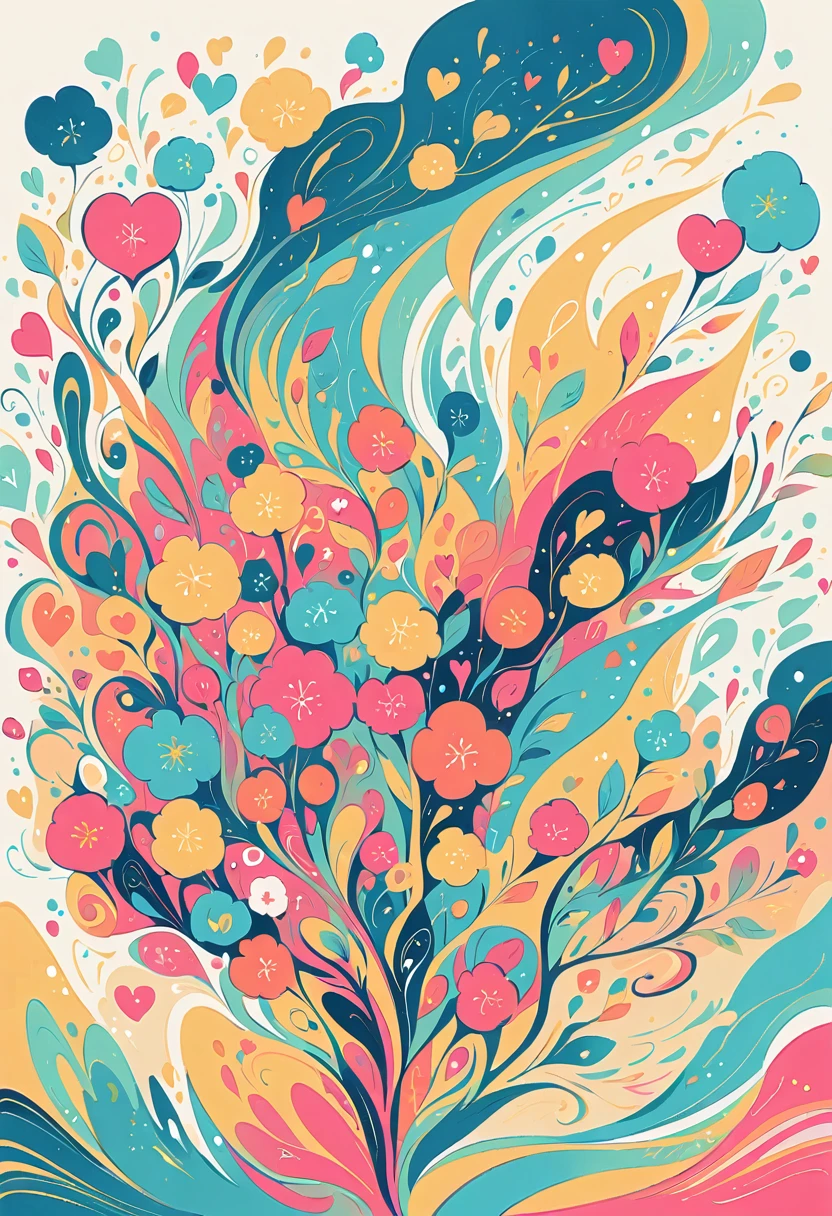 Momoko Sakura style, Simple Line Initialism,Abstract art,Urban Background, colorful flowers, colorful hearts ,No people