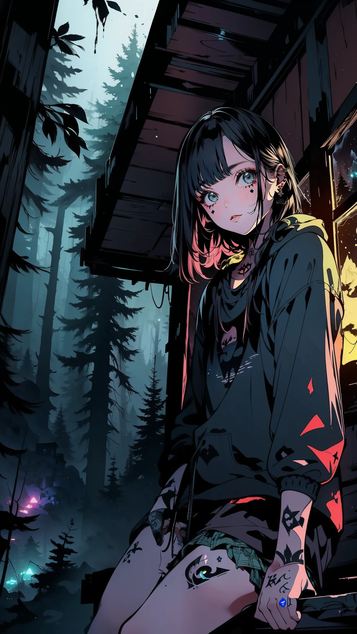A lone girl teenager hiker, ((lost in the foggy wilderness of forested mountains)), ((stumbles upon an abandoned cabin with glowing lights emanating from boarded windows)). Eerie, suspenseful, dramatic lighting, ((tattos):1.5), fantasy world, dark background, clean design, epic, artstation, colorful paint splatter, silhouette, hyper detailed intricate details, unreal engine, fantasy, splash screen, complementary colors, deviantart masterpiece, oil painting, heavy strokes, paint dripping, indifferent expression