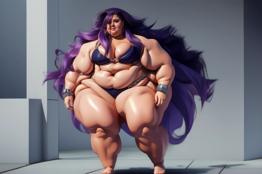 bikini, muscular USSBBW girl, huge obese chest, long hair, obese tomboy, chains, walking.full Ussbbw body