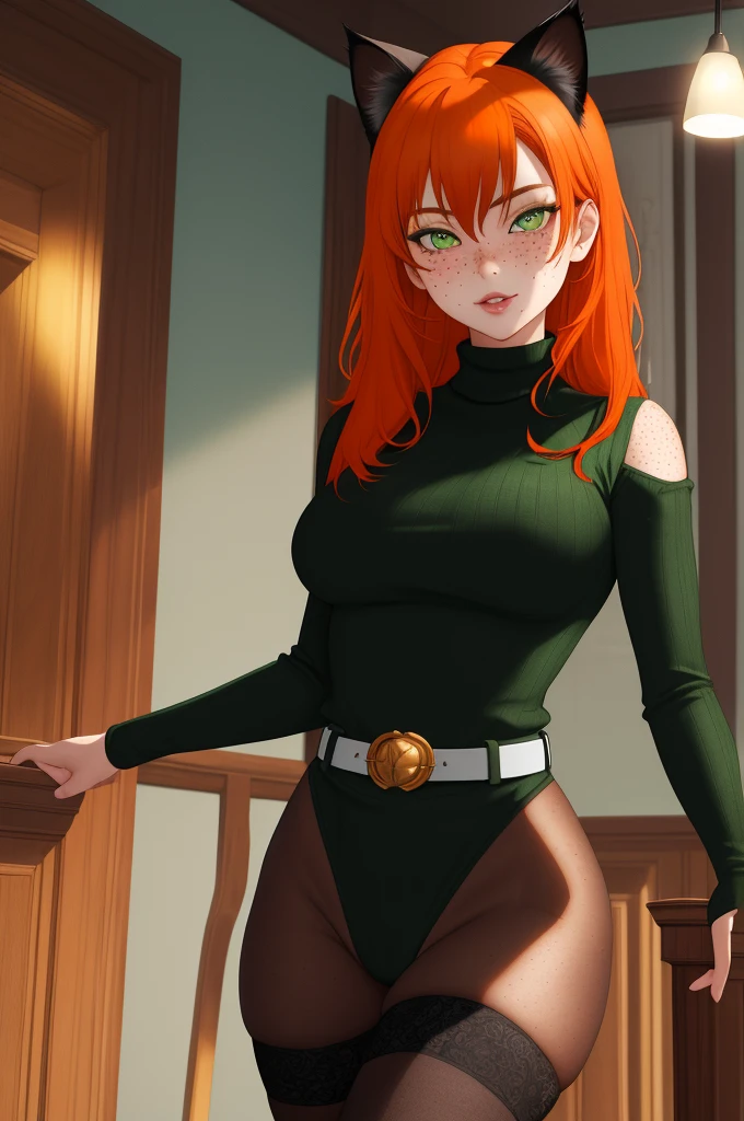 milf, masterpiece, Best quality, ultra detailed, beautiful lighting, 1 girl, orange hair, cat ear, green eyes, freckles, turtleneck top, Looking at the viewer, detailed black stockings with belt, Juicy ass