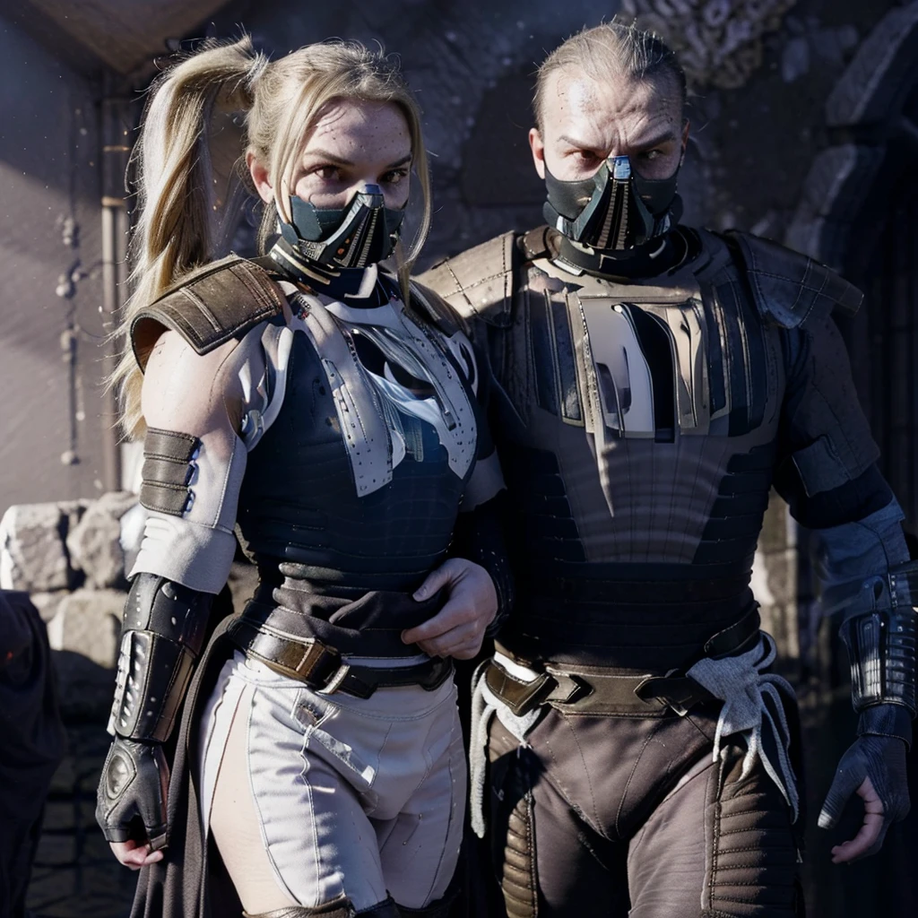 Photorealistic, octane render, best quality, 8k, 4k, high resolution, hyper detailed, extremely detailed, intricate, sharp focus, sharp detail, realistic skin texture, illustration, soft lighting, high contrast, Masterpiece, angry, blonde hair, brown eyes, lucyheartfilia, sleeveless shirt, carbon fibre armor, white skirt, brown thigh boots, belt, wearing malgus armor on upper body in colour of dark blue, shoulder pads, cape, gauntlets, respirator mask, side ponytail, hair tied together and held in place with blue ribbon holding weapon, holding red lightsaber, full body 