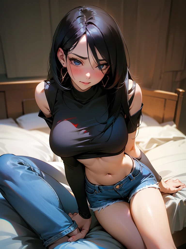 A beautiful woman in lingerie top and denim shorts, smirk, (straight long black hair), earrings , ((black top)), (((Extremely Realistic))),FilmGirl, sexy pose, (thighs, hands), sitting,Extremely Realistic,Split_Pose, (legs), ,photorealistic, bedroom , hourglass figure , very detailed, ((blush))