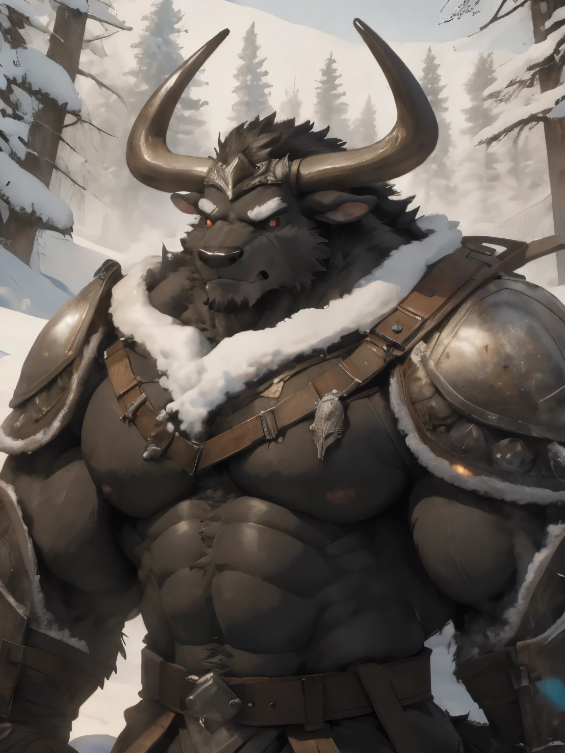 Minotaur, solo, muscular, perfect_eyes, perfect_face, abs, big_chest,wide_body, muscular_arms, winter, snowforest_background, solo, minotaur, angry, half_body, close_up, manly, man, muscular, brown_horns, big_eyes, orange_eyes, glowing_eyes, bara_body,hyper_muscles, hyper_chest, hyper_muscular_body, huge,forest, snow,snowy_forest, armor_pants, half_body,closeup, medieval_armor ,iron armor,armor,canines, moth_closed, angry,serious, HD, 4k, high_detailed_background
