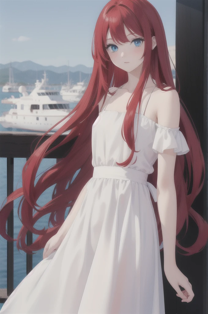 long red hair, girl, white dress with black, blue eyes