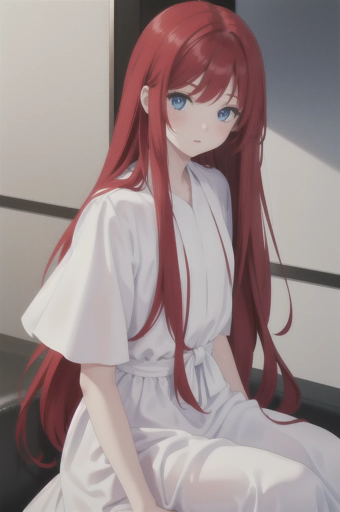 long red hair, girl, white dress with black, blue eyes