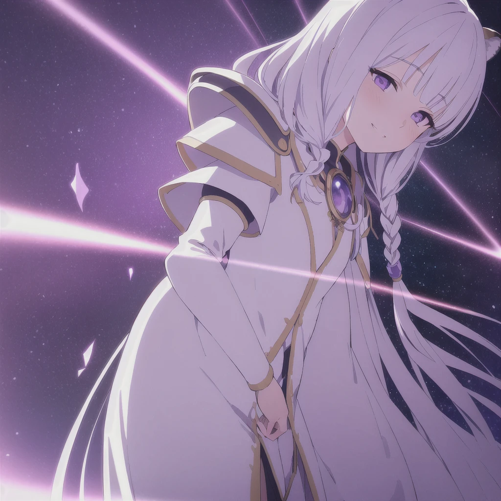 ((masterpiece)), (best quality), (ultra-detailed), photorealistic, (best illustration), ((an extremely delicate and beautiful)), 1girl, solo, long hair, tiger ears, [:tiger tail under:0.2], white hair, two-tone hair, full body, knight armor, crimson glowing details on armor, amulet on neck, Bracelets, crimson crystals in Bracelets, long lilac cape, open eyes, evil purple eyes, looking at viewer, malicious smile, blush, in space, goddess, low twin braids, loosen hair, quiet gesture, white armor, cybernetic armor, hyper detailed space,best illumination. 