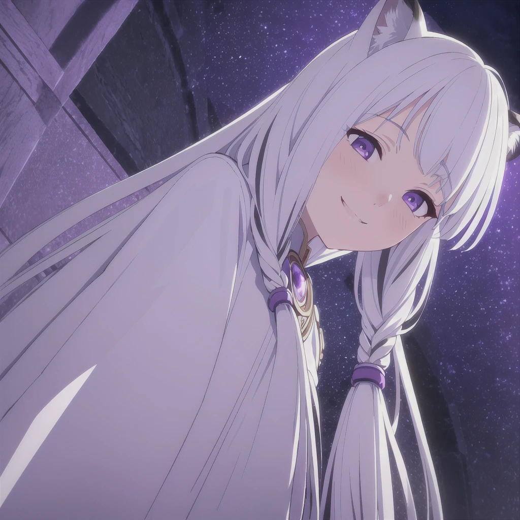 ((masterpiece)), (best quality), (ultra-detailed), photorealistic, (best illustration), ((an extremely delicate and beautiful)), 1girl, solo, long hair, tiger ears, [:tiger tail under:0.2], white hair, two-tone hair, full body, knight armor, crimson glowing details on armor, amulet on neck, Bracelets, crimson crystals in Bracelets, long lilac cape, open eyes, evil purple eyes, looking at viewer, malicious smile, blush, in space, goddess, low twin braids, loosen hair, quiet gesture, white armor, cybernetic armor, hyper detailed space,best illumination. 