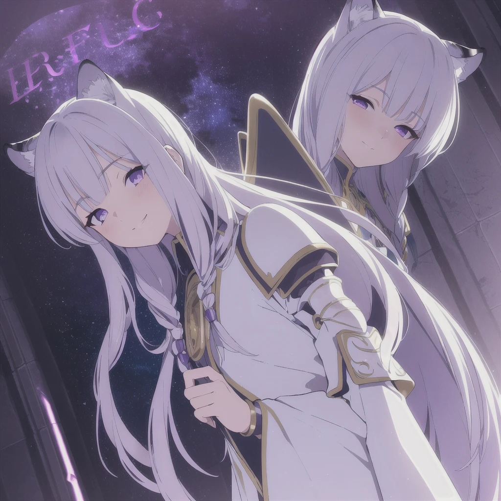((masterpiece)), (best quality), (ultra-detailed), photorealistic, (best illustration), ((an extremely delicate and beautiful)), 1girl, solo, long hair, tiger ears, [:tiger tail under:0.2], white hair, two-tone hair, full body, knight armor, crimson glowing details on armor, amulet on neck, Bracelets, crimson crystals in Bracelets, long lilac cape, open eyes, evil purple eyes, looking at viewer, malicious smile, blush, in space, goddess, low twin braids, loosen hair, quiet gesture, white armor, cybernetic armor, hyper detailed space,best illumination. 
