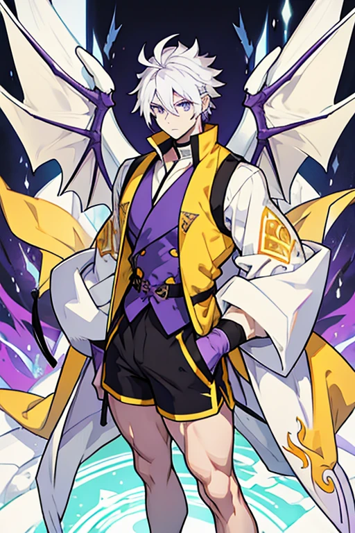 Muscular man white skin purple eyes white hair with legs hands wings and yellow dragon tail wearing a purple vest and black shorts