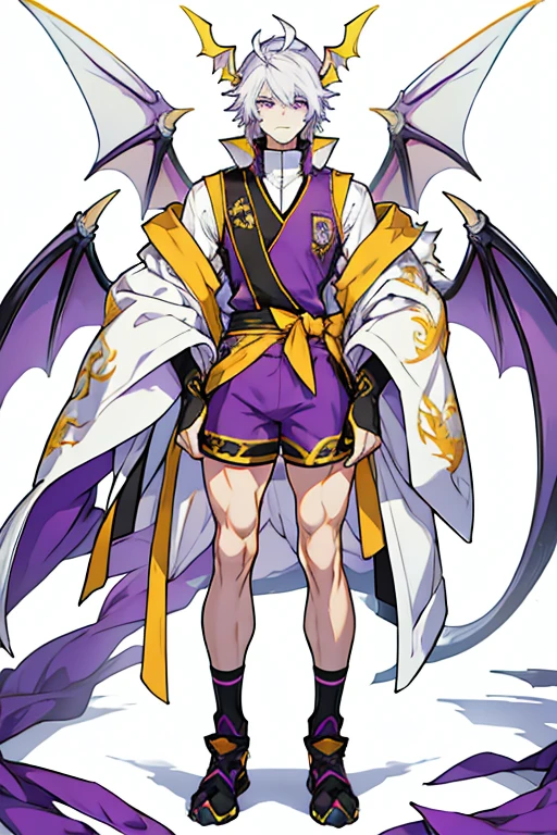 Muscular man white skin purple eyes white hair with legs hands wings and yellow dragon tail wearing a purple vest and black shorts