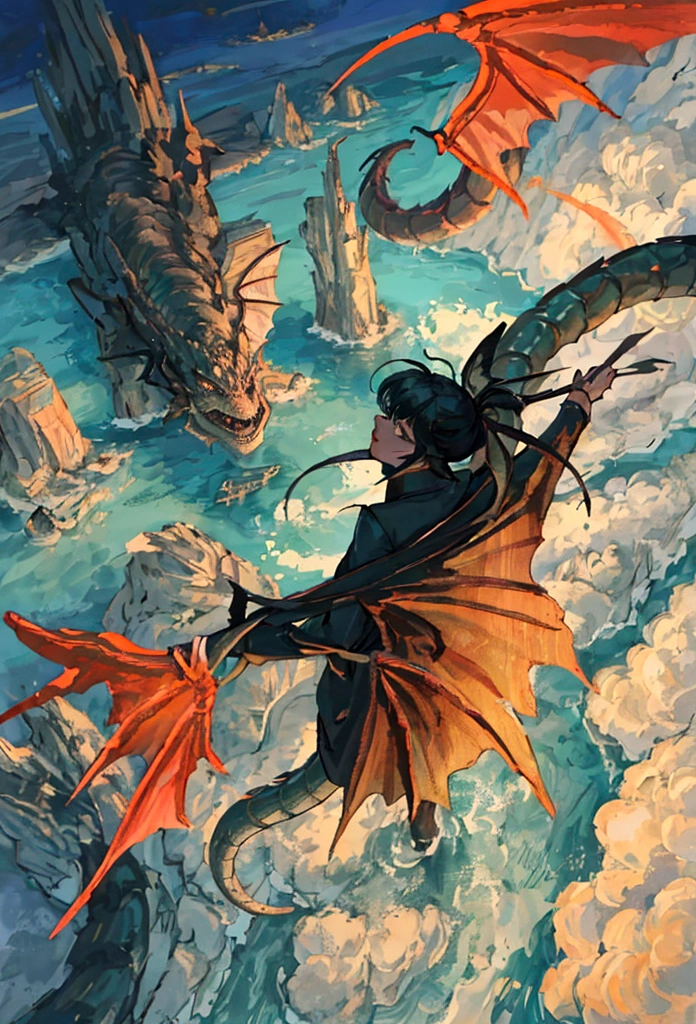 ((picture taken from the back of dragon: 1.5)), digital art, arafed, a picture of a dragon flying above a river, its shadow is cast on the water dragon wings spread wide, dynamic color dragon, you see the back of the dragon, its majestic wings, its tail and river it is flying above, the shadow of dragon in the river, , Wide-Angle, Ultra-Wide Angle, dynamic light, Cinematic Hollywood Film style