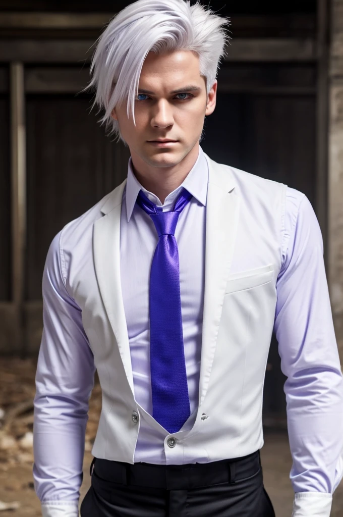 (masterpiece), best quality, expressive eyes, perfect face, Solo, male focus ,anime style,  Violet eyes, clean hair , medium hair,  wild hair, White slacks creased, Male,   black gloves, Black Vest  White button shirt, handsome, pale skin, a man with white hair and a back vest, male focus, 1boy, multicolored hair, blue necktie, two-tone hair, white hair, vest, black hair, shirt, solo, gloves, upper body, glowing purple eyes, injured, bloody, missing  right limb, torn sleeve, in pain, dirty, wounded 