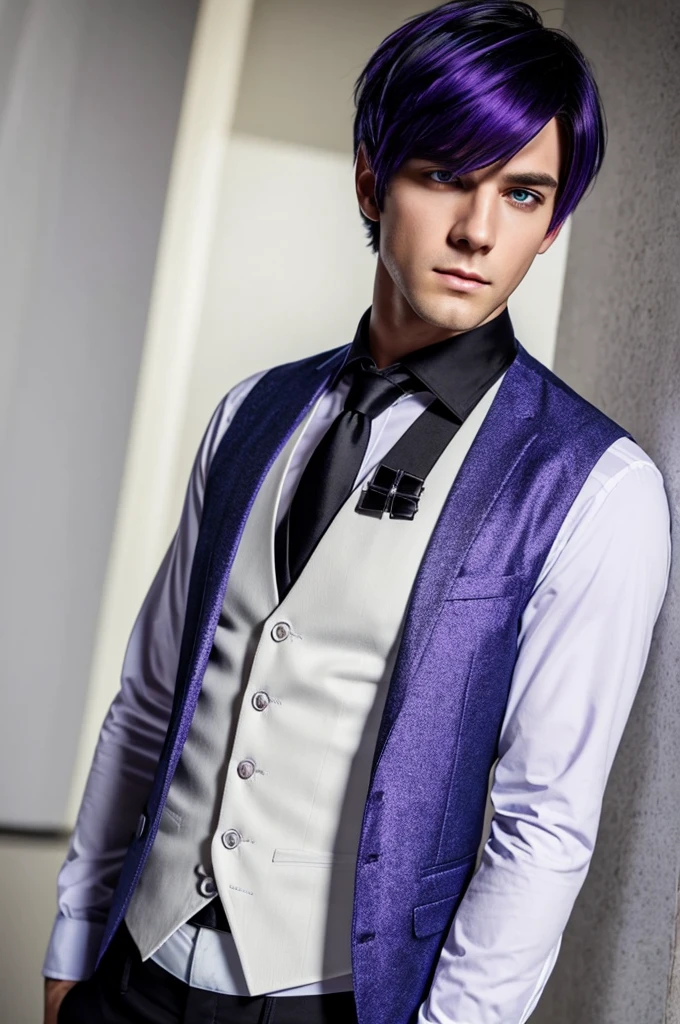 (masterpiece), best quality, expressive eyes, perfect face, Solo, male focus ,anime style, Violet eyes, clean hair , medium hair, wild hair, White slacks creased, Male, black gloves, Black Vest White button shirt, handsome, pale skin, a man with white hair and a back vest, male focus, 1boy, multicolored hair, blue necktie, two-tone hair, white hair, vest, black hair, shirt, solo, gloves, upper body, glowing purple eyes, injured, bloody, missing right limb, torn sleeve, in pain, dirty, wounded