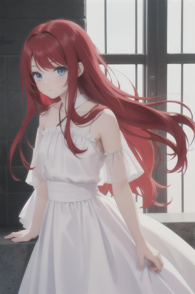 long red hair, girl, white dress with black, blue eyes