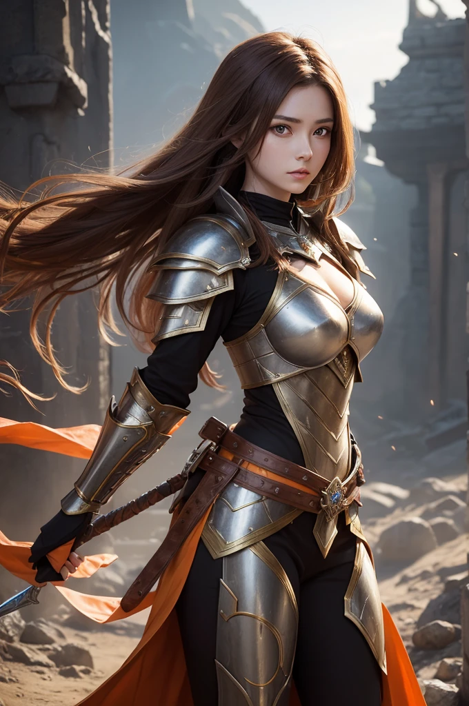 Make me an armored warrior princess with an aura greatsword, She has long, brown hair with a white streak, her predominant color is orange. Medieval RPG