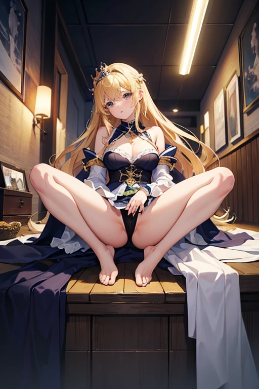 masterpiece, highest quality, High resolution,Follow the prompts、Anime Style、One Girl、Princess、Blonde beauty bends her knees and spreads her legs