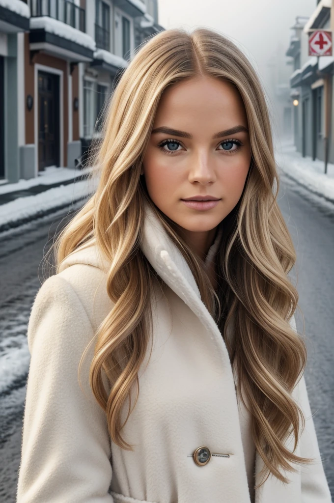 proFessional portrait photograph oF a gorgeous Norwegian girl in winter clothing with long wavy blonde hair, sultry Flirty look, gorgeous symmetrical Face, lindo maquillaje natural, wearing elegant warm winter Fashion clothing, ((parado afuera en una calle nevada de la ciudad)), impresionante entorno urbano moderno, ultra realista, arte conceptual, elegant, muy detallado, Intrincado, sharp Focus, depth oF Field, F/1. 8, 85mm, tiro medio, plano medio, (((proFessionally color graded))), bright soFt diFFused light, (volumetric Fog), tendencia en instagram, hdr 4k, 8K