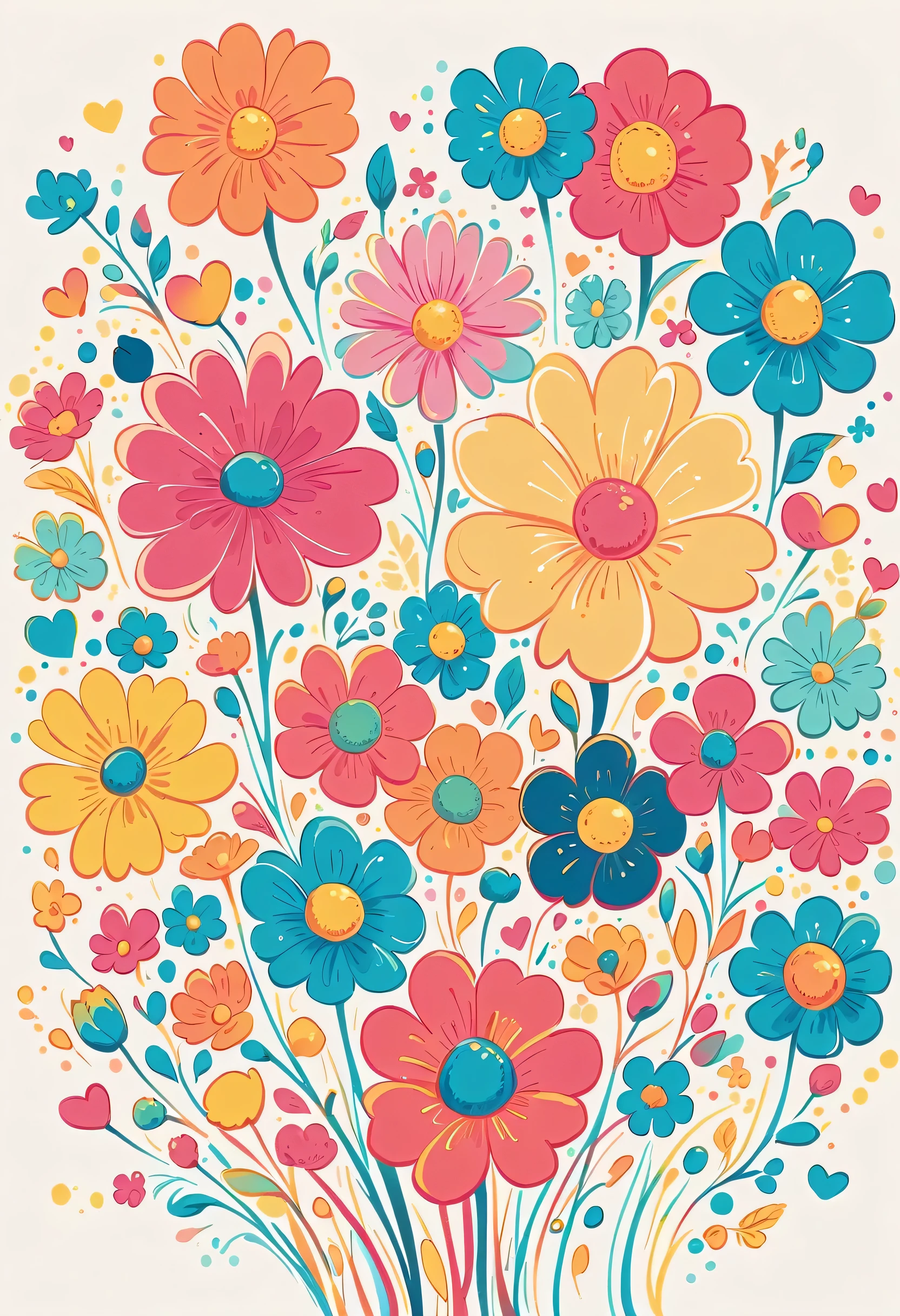 Momoko Sakura style, Simple Line Initialism,Abstract art,Urban Background, colorful flowers, colorful hearts ,No people