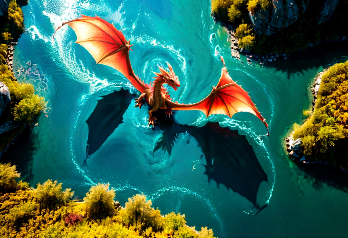 ((picture taken from above of dragon: 1.5)), digital art, arafed, a picture of a dragon flying above a river, its shadow is cast on the water dragon wings spread wide, dynamic color dragon, you see the back of the dragon, its majestic wings, its tail and river it is flying above, the shadow of dragon in the river, , Wide-Angle, Ultra-Wide Angle, dynamic light, Cinematic Hollywood Film style