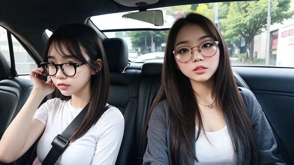 Indonesian girl 20-year-old Hairstyle Casual, F Cup Breasts with glasses wearing casual uptown in car and driving this car with her friend, they are scream because
in front of their car there were thugs blocking it
