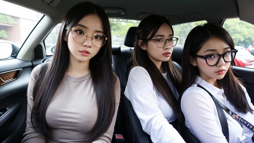 Indonesian girl 20-year-old Hairstyle Casual, F Cup Breasts with glasses wearing casual uptown in car and driving this car with her friend, they are scream because
in front of their car there were thugs blocking it