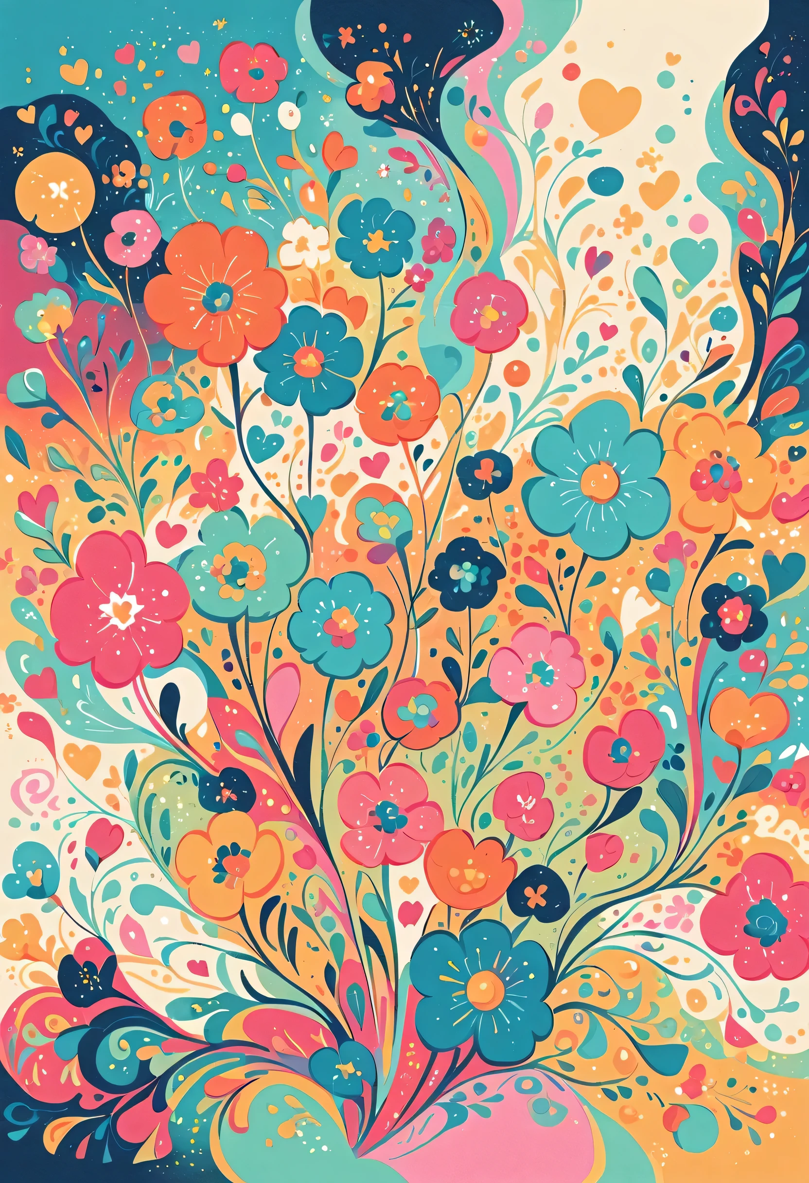 Momoko Sakura style, Simple Line Initialism,Abstract art,Urban Background, colorful flowers, colorful hearts ,No people