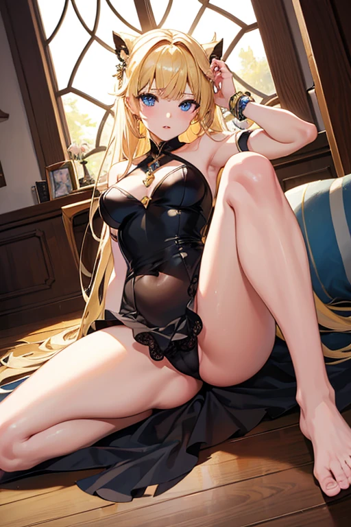 masterpiece, highest quality, High resolution,Follow the prompts、Anime Style、One Girl、Princess、Blonde beauty bends her knees and spreads her legs