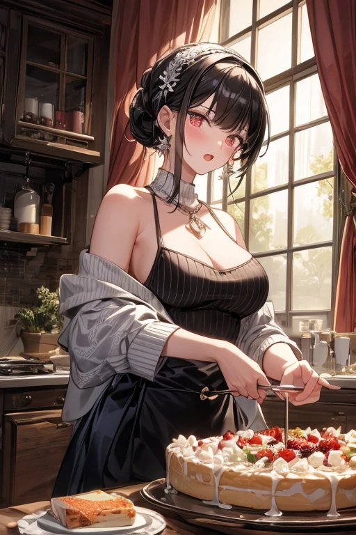 masterpiece, yor, 1girl, Amazing Cleavage:1.3, thin waist, big ass, Raised sexy, medium breast: 1.8 posed cleavage:1.2、solo, looking at viewer, open mouth, have a cup of coffee,black hair, red eyes, dress, bare shoulders, jewelry, collarbone, sidelocks, hairband, earrings, indoors, off shoulder, :o, sweater, arms behind back, plant, short hair with long locks, white hairband, off-shoulder dress, sweater dress, off-shoulder sweater, red sweater, big side hair, very long side hair,is rendered in (masterpiece: 1.2, best quality), with (ultra high resolution) and an exquisite (depth of field). This masterpiece is not only visually stunning but also tells, make of cake cooking ,in the kitchen
