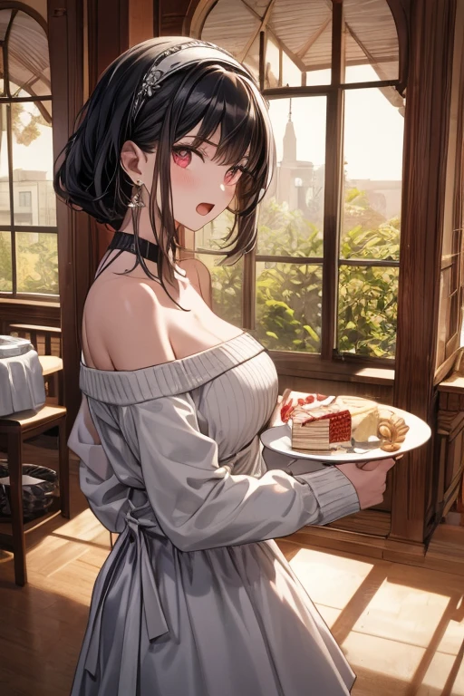 masterpiece, yor, 1girl, Amazing Cleavage:1.3, thin waist, big ass, Raised sexy, medium breast: 1.8 posed cleavage:1.2、solo, looking at viewer, open mouth, have a cup of coffee,black hair, red eyes, dress, bare shoulders, jewelry, collarbone, sidelocks, hairband, earrings, indoors, off shoulder, :o, sweater, arms behind back, plant, short hair with long locks, white hairband, off-shoulder dress, sweater dress, off-shoulder sweater, red sweater, big side hair, very long side hair,is rendered in (masterpiece: 1.2, best quality), with (ultra high resolution) and an exquisite (depth of field). This masterpiece is not only visually stunning but also tells, make of cake cooking ,in the kitchen
