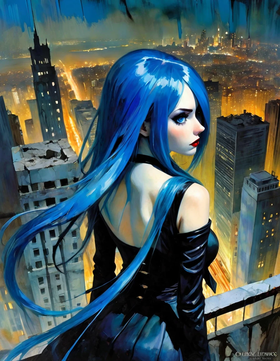 Masterpeace (midnight:1.3) Lost World Her view from behind Looking down at the deserted city from a ruined skyscraper, she realizes the crime she committed. Girl(long blue hair, age18, blue eyes, panic ) (Grim Reaper Costume, ) Beautiful and fantastic image blue hair, blue hair, long hair (art inspired by Bill Sienkiewicz) oil painting, details of brush strokes that enhance depth)